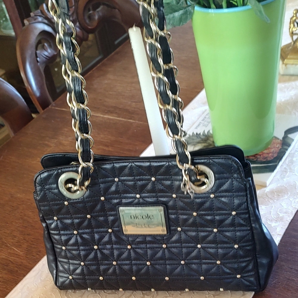 Nicole Studded Quilted Black Shoulder Bag with Gold Chain. 11.5W X 8H
